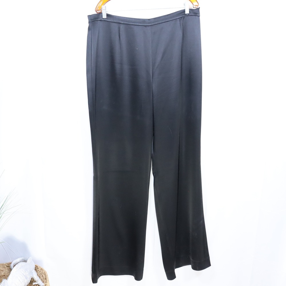 St. John Satin Wide Leg Pants 14 Black Womens Quiet Luxury Trousers AS IS